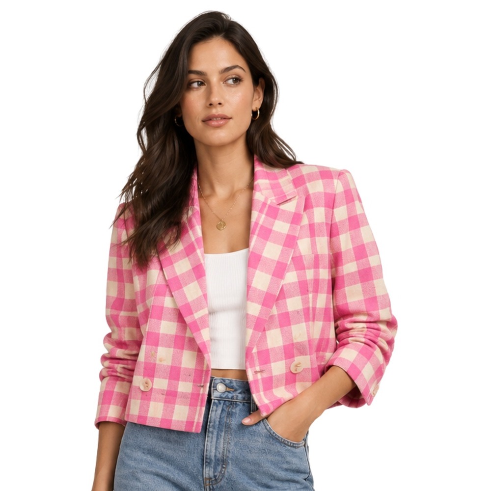 Anthropologie Maeve Blazer Small Cropped Double Breasted Jacket Plaid Preppy
